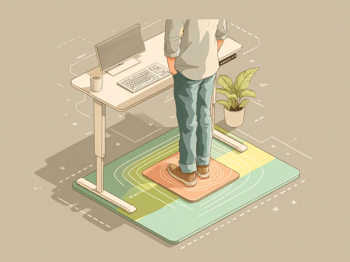 Stylized illustration of a North American office worker standing on a beveled-edge anti-fatigue mat at a sit-stand desk