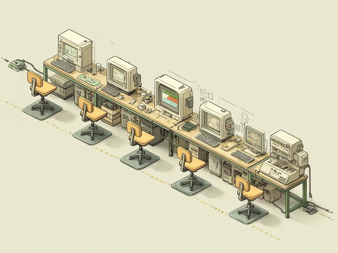 Stylized illustration of anti-fatigue mats at each standing position along an assembly line