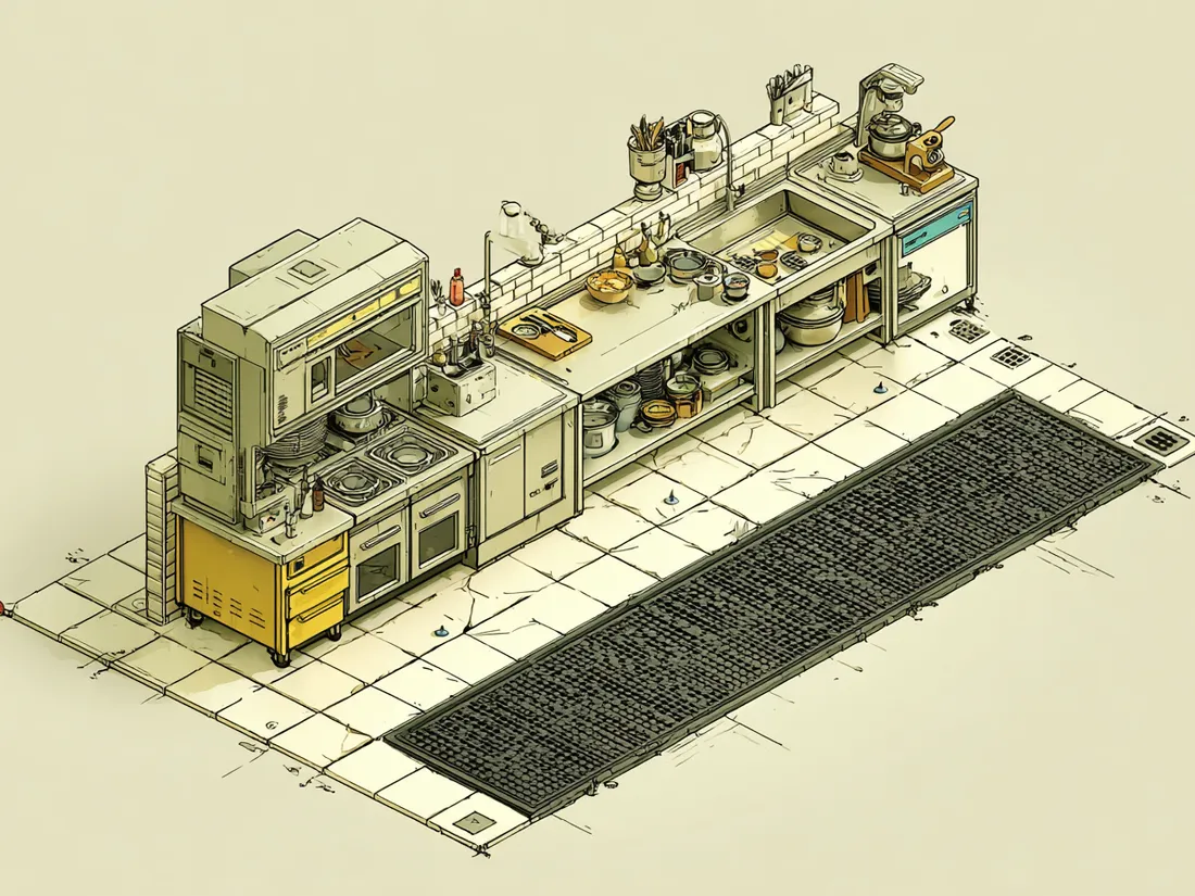 Stylized illustration of a black drainage anti-fatigue mat on a commercial kitchen floor