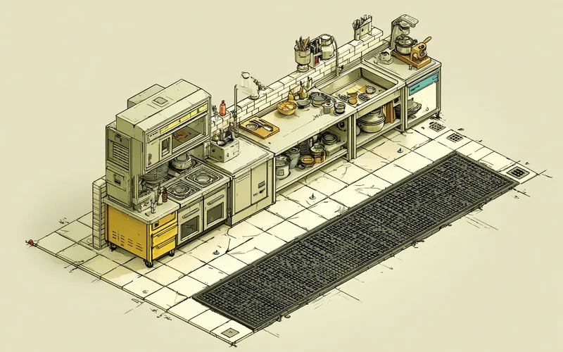 Stylized illustration of a black drainage anti-fatigue mat on a commercial kitchen floor