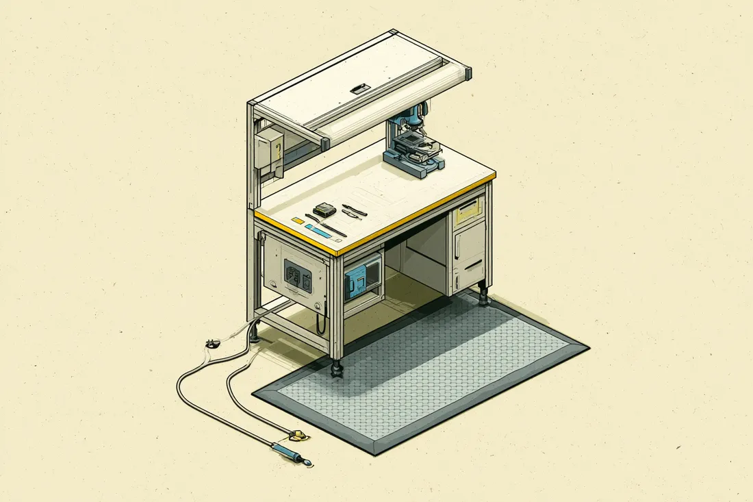 Stylized illustration of a grounded static-dissipative ESD anti-fatigue mat at an electronics laboratory bench