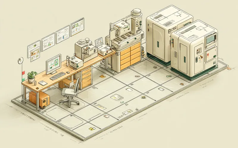 Stylized illustration of industrial anti-fatigue matting across a manufacturing workstation floor with machinery