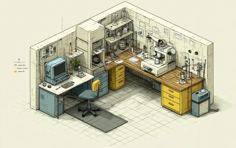 Stylized illustration of a static-dissipative ESD anti-fatigue mat at a laboratory bench workstation