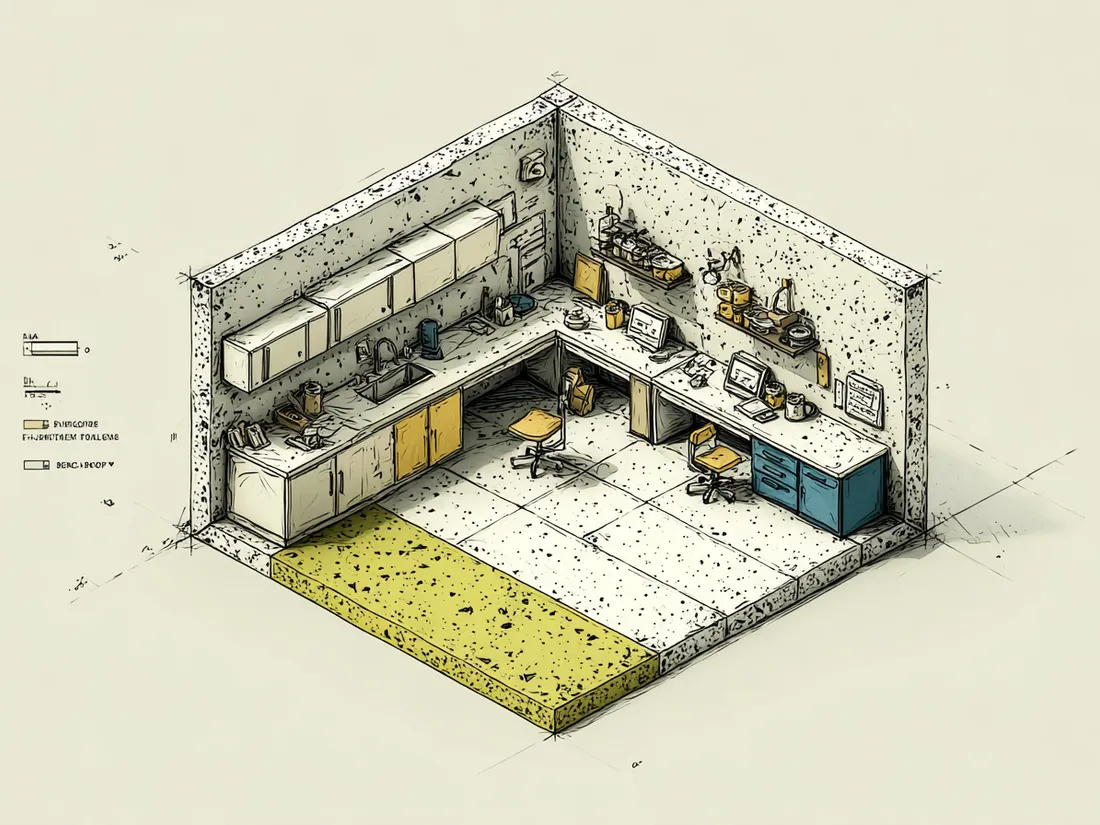Stylized illustration of a speckled recycled-rubber anti-fatigue mat made from reclaimed tire crumb
