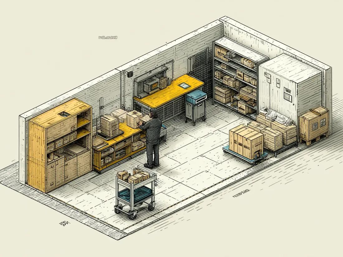 Stylized isometric illustration of a warehouse packing station, a worker at a bench with a cart, boxes and shelving on a concrete floor